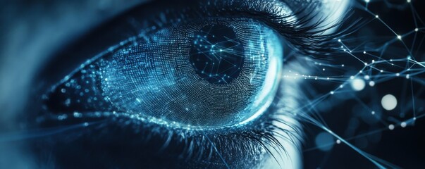 Poster - Close-up of a human eye with digital lines, showcasing futuristic technology and innovation