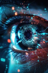 Poster - Close-up of a human eye with digital interface lines and futuristic holographic elements for technology and innovation concepts