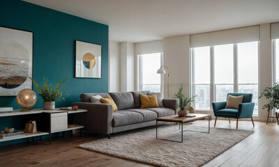 Wall Mural - Interior of light living room with sofa and glucophone on table