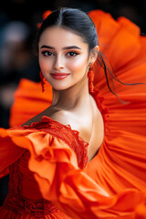 Wall Mural - Beautiful young Spanish woman in a flowing red dress, passionately dancing flamenco with grace.