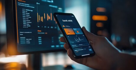 Poster - Close-up of a hand using a financial app on a smartphone displaying analytics in a modern, dimly lit workspace with a computer screen reflecting similar data charts.