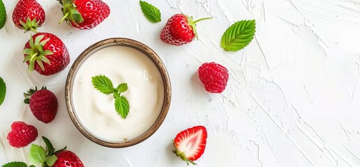 Wall Mural - Bowl of yogurt with fresh strawberries and mint leaves. Healthy, delicious, and refreshing snack or dessert. Perfect for a summer meal.