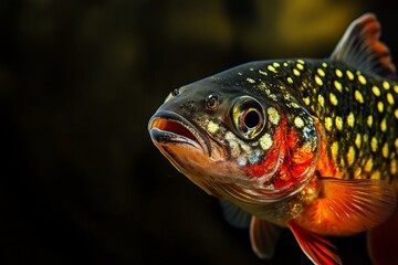 Mystic portrait of Spotted Barb fish in studio, copy space on right side, Anger, Menacing, Headshot, Close-up View, isolated on black background