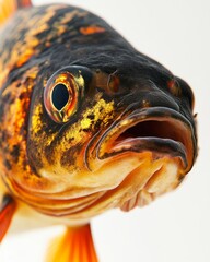 Mystic portrait of Nilem Carp fish, copy space on right side, Anger, Menacing, Headshot, Close-up View, isolated on white background