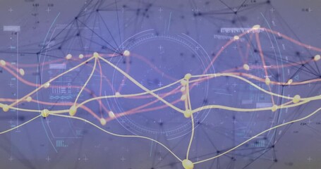 Poster - Animation of data processing and network of connections over purple background