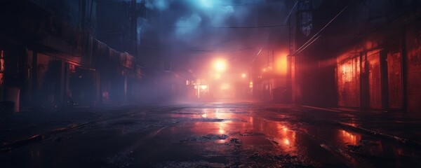 Wall Mural - A dimly lit, atmospheric city street at night, with a wet, reflective surface and a faint glow of streetlights and building lights.