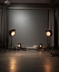 A dimly lit photography studio with two large spotlights on either side of a white couch, creating a dramatic and moody atmosphere.