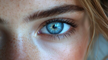 A close-up of a young woman's striking blue eye showcasing vibrant color and subtle freckles in natural light