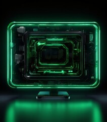 a a futuristic computer monitor with a green neon-like border and a reflective surface below.