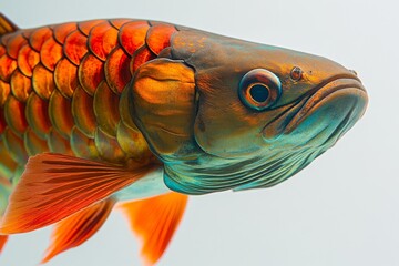 Wall Mural - Mystic portrait of Arowana fish in studio, isolated on white background