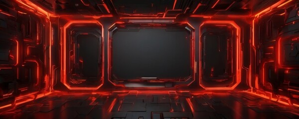 A futuristic, cyberpunk-inspired room with a black floor and walls, illuminated by a vibrant red glow from a central light source.