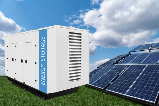 Fototapete -  - Solar panels with renewable energy storage