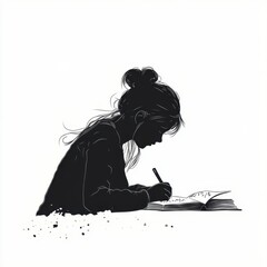 Silhouette of a woman writing in a journal: creativity and reflection in black and white