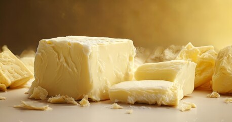 Wall Mural - A close-up image of a block of butter with a golden-brown hue, surrounded by pieces of the same butter on a white surface.