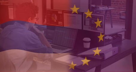 Poster - Animation of flag of netherlands and eu over caucasian businessman using laptop