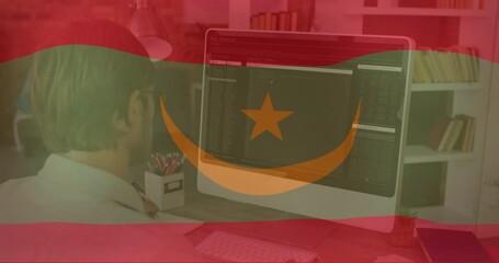 Poster - Animation of flag of mauritania over caucasian businessman using computer
