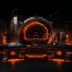 futuristic cityscape at night, dominated by a large circular structure with a glowing orange and red interior. The city skyline, composed of tall buildings, is visible in the