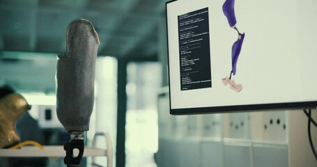 Poster - Computer screen, research and person with prototype in prosthetics office for artificial leg development. Bionic limb, interface and prosthetist with tech for biomechanics software, program or coding