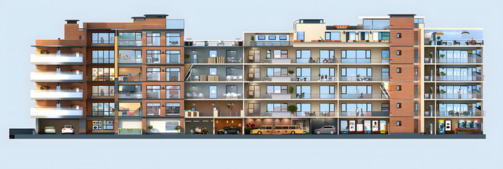 cutaway view of a high rise building with many rooms and floors showing different views of the outside and inside of each room. There is also an underground parking lot 