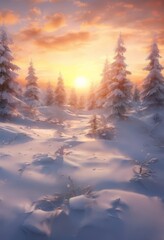 Wall Mural - A serene winter landscape at sunset, with a forest of snow-covered pine trees and a glowing orange sky.