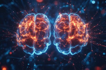 Poster - Digital art representation of two brains with illuminated neural connections, symbolizing artificial intelligence and human cognition in a futuristic setting