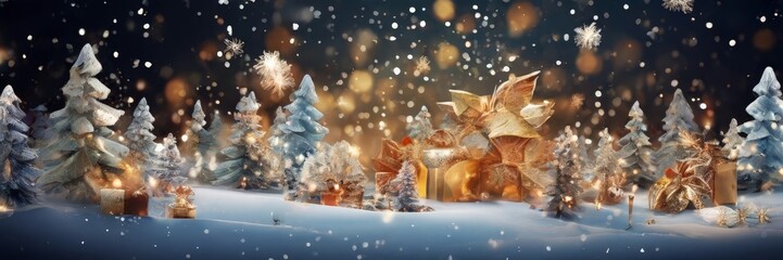 Wall Mural - A winter wonderland scene with a snowy landscape, trees, and golden decorations, including a large golden bow and smaller golden ornaments, all under a starry night sky.