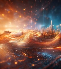 Wall Mural - a futuristic cityscape with a blend of orange, blue, and white hues, creating a dynamic and visually striking scene.