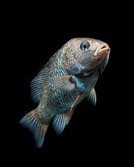 Wall Mural - the Mozambique Tilapia , portrait view, white copy space on right, Isolated on black Background