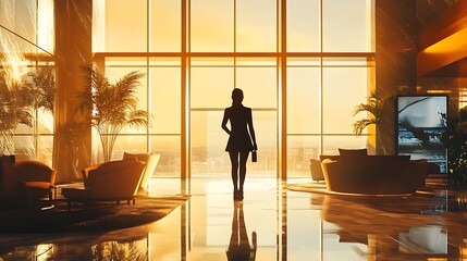 Sticker - Silhouette of a Woman Standing in a Luxurious Lobby