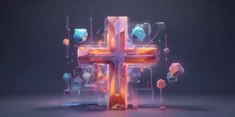 a stylized cross with various geometric shapes and colors surrounding it, creating a visually striking and abstract composition.