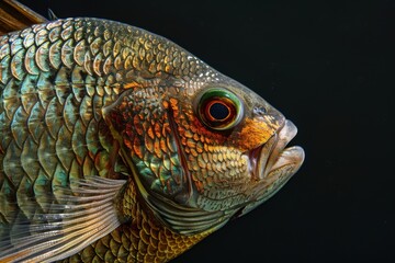 Wall Mural - Mystic portrait of Tilapia in studio, copy space on right side, Headshot, Close-up View, isolated on black background