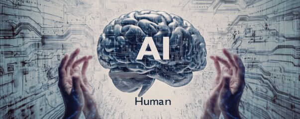 Poster - Digital brain with AI and human hands symbolizing artificial intelligence integration and technology