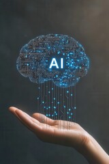 Poster - Hand holding digital brain with AI letters representing artificial intelligence and futuristic technology concept