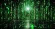 © Nipon - futuristic cityscape, characterized by a dense array of tall buildings with numerous windows, all illuminated by a green glow. The buildings are arranged in a grid-like pattern,