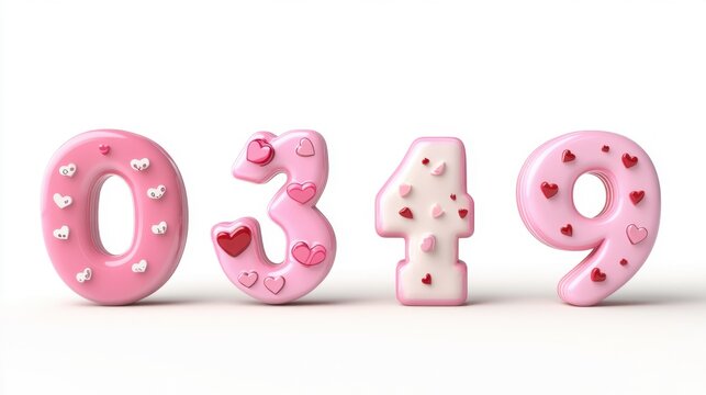 Creative 3D numbers from 0 to 9, with a Valentines Day twist, isolated on a white background, perfect for expressing love and affection.