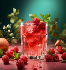 Wall Mural - A glass of raspberry-colored drink garnished with fresh raspberries and mint leaves, set against a green background with additional raspberries and a small orange.