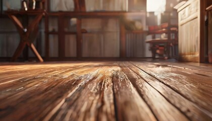 A wooden floor with a weathered, distressed appearance, with a blurred background of wooden furniture and a window.