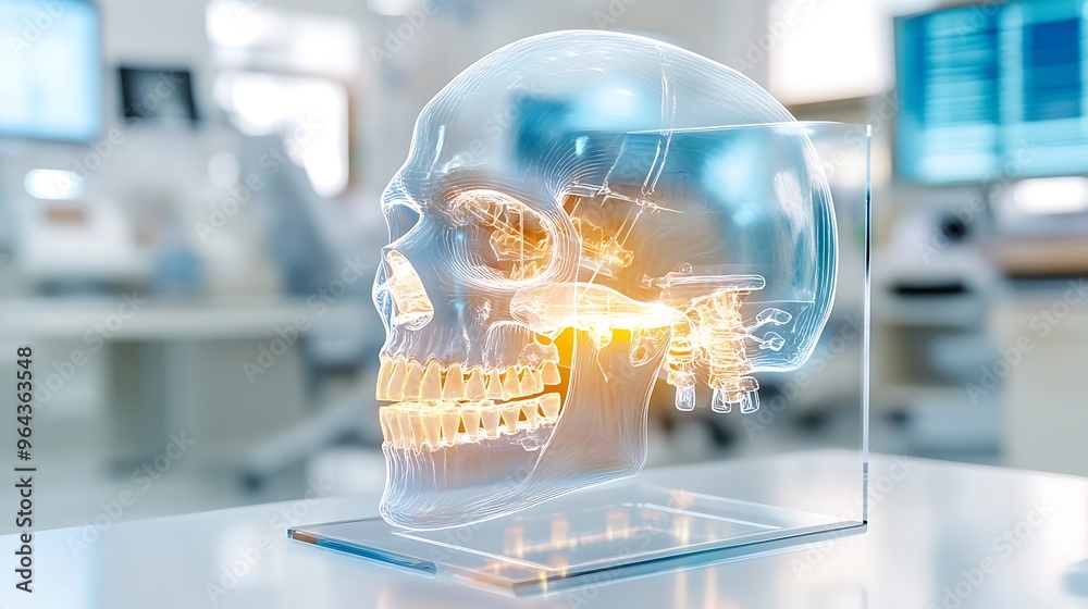 A human skeleton with a translucent blue appearance in a futuristic ...