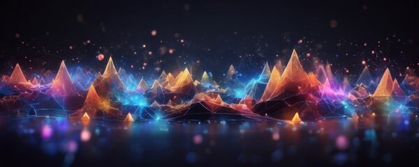 Wall Mural - digital landscape with a multitude of interconnected lines and points, creating a complex network of geometric shapes. The colors are predominantly blue, orange, and pink, with