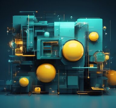 a complex 3D model composed of various geometric shapes and spheres, including cubes, cylinders, and spheres, set against a dark blue background.