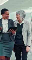 Aufkleber - Business, women and happy at office with tablet for strategy, planning and discussion. People, partnership and smile for teamwork with online research or results as lawyers for legal or court case