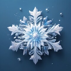 Wall Mural - A digital illustration of a snowflake with intricate details and a blue center, surrounded by water droplets against a dark blue background.