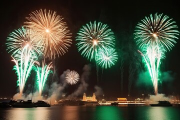 Wall Mural - Vibrant Bronze and Emerald Green Fireworks Illuminate Winter Night Celebrations