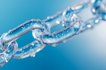 Wall Mural - A close-up of the details on one blue and clear fluid chain, with water droplets visible in each link, the background