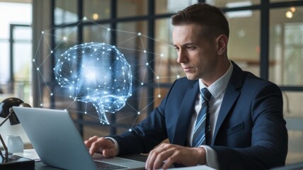 Businessman with Digital Brain Projection