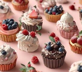 Wall Mural - A collection of twelve cupcakes, each with a different topping, arranged on a pink background.