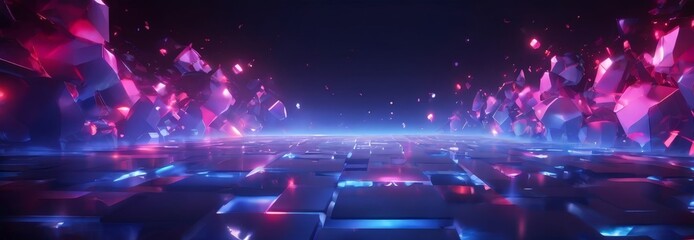 Poster - futuristic scene with a glowing, geometric pattern of cubes and blocks, illuminated by a blue and purple glow. The background is dark, creating a stark contrast with the vibrant