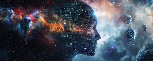 Poster - Futuristic digital illustration of an AI head with circuit patterns set against a cosmic backdrop, exploring artificial intelligence, technology, and the universe