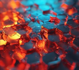 Poster - a digital illustration featuring a close-up view of a textured surface composed of numerous hexagonal shapes in varying shades of red, orange, and blue. The overlapping and