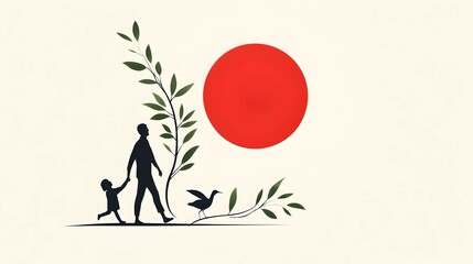 Silhouette of a Father and Daughter Walking with a Bird Under a Red Sun